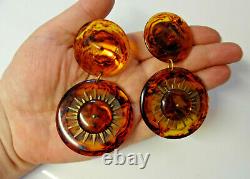 Vintage Haute Couture Runway Chunky Lucite Faux Turtle Shell Clip On Earrings