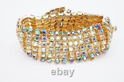 Vintage Hobe Bracelet Clip On Earrings Set Gold Tone Blue Rhinestone AB 7.25