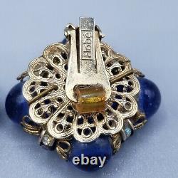 Vintage Hobe Clip Earrings Dichroic Art Glass Beads AB Rhinestones Blue Red
