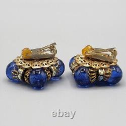 Vintage Hobe Clip Earrings Dichroic Art Glass Beads AB Rhinestones Blue Red