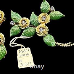 Vintage Hobe Purple Rhinestone Brooch & Clip On Earrings Flower Orig Hang Tag