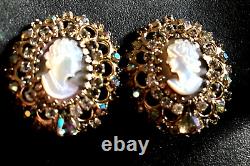 Vintage Hobe Signed Mother Pearl Cameo Aurora Borealis Rhinestone Clip Earrings