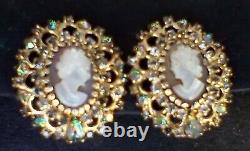 Vintage Hobe Signed Mother Pearl Cameo Aurora Borealis Rhinestone Clip Earrings