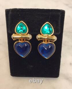 Vintage JOAN RIVERS Heart Blue Green Gripoix Faux Pearl Clip On Earrings Rare