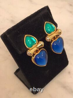 Vintage JOAN RIVERS Heart Blue Green Gripoix Faux Pearl Clip On Earrings Rare