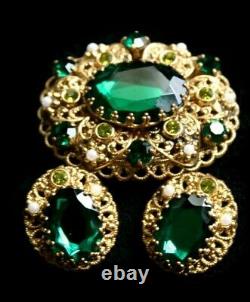 Vintage Jewelry West Germany Marked Emerald Green Brooch Clip Earring Set