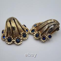 Vintage Jomaz Blue Sapphire Rhinestone Gold Tone Clip On Earrings
