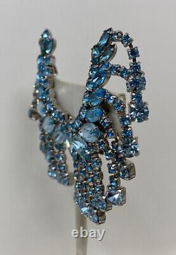 Vintage Juliana Art Deco Vibrant Blue Rhinestone Climber Dangle Clip Earrings