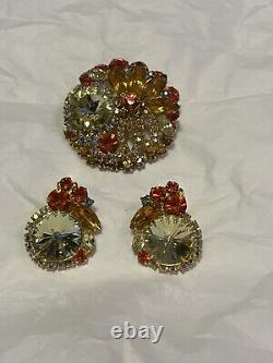 Vintage Juliana Delizza and Elster Brooch and Clip Earrings Set Multicolor