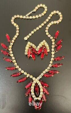 Vintage Juliana Style Rhinestone Necklace Clip Earrings SET 2 Pc Red Navettes