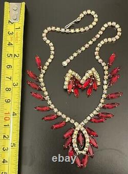 Vintage Juliana Style Rhinestone Necklace Clip Earrings SET 2 Pc Red Navettes