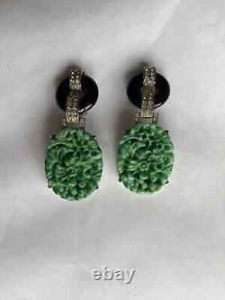 Vintage KENNETH LANE Art Deco Faux jade & Crystal Black Glass Clip On Earrings