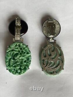 Vintage KENNETH LANE Art Deco Faux jade & Crystal Black Glass Clip On Earrings