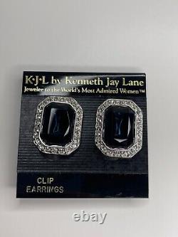 Vintage KJL Kenneth Jay Lane Blue Rhinestone Clip On Earrings Original Card
