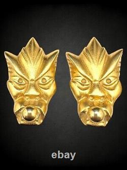 Vintage Karl Lagerfeld Brushed Goldtone Roman Demon Mask Clip On Earrings