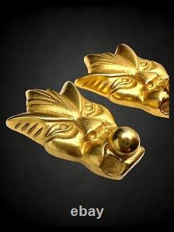 Vintage Karl Lagerfeld Brushed Goldtone Roman Mythical Mask Clip On Earrings