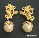 Vintage Karl Lagerfeld Costume Pearl Matte Gold Tone Clip on Earrings Chunky