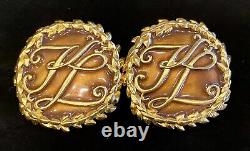Vintage Karl Lagerfeld Gold Plated Logo Enamel Clip Earrings