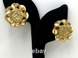 Vintage Karl Lagerfeld Signed Made France Logo Signature Clip Earrings Goldtone