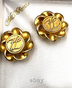 Vintage Karl Lagerfeld Signed Made France Logo Signature Clip Earrings Goldtone