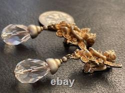 Vintage Kirks Folly Winged Angels Crystal Dangle Clip Earrings RARE & STUNNING