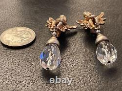 Vintage Kirks Folly Winged Angels Crystal Dangle Clip Earrings RARE & STUNNING