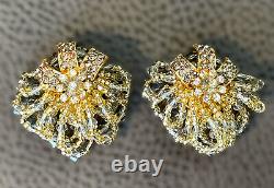Vintage LOIS ANN Rhinestone Ribbon Cluster Earrings SIGNED 2 Gold Tone Clip On