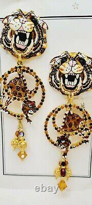 Vintage LUNCH AT THE RITZ Leopard Loops Clip On EARRINGS SIGNED With MENU CARD