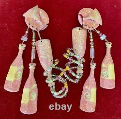 Vintage LUNCH AT THE RITZ Pink Champagne Bottle Party Clip Earrings Crystal 1987