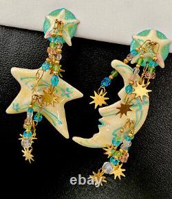 Vintage LUNCH AT THE RITZ Starry Moon Star Celestial Clip Earrings 1988 Rare