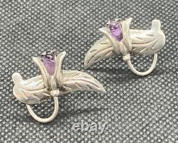 Vintage La Cucaracha Taxco Sterling Silver & Amethyst Clip Earrings
