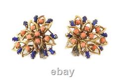 Vintage Lapis & Coral 18k Yellow Gold Floral Post Clip Huggie Earrings
