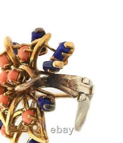 Vintage Lapis & Coral 18k Yellow Gold Floral Post Clip Huggie Earrings