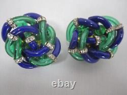 Vintage Large Archimede Seguso For Chanel Blue Green Glass Clip Earrings