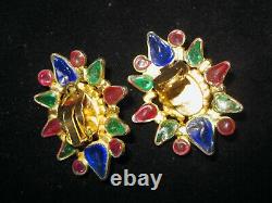Vintage Large Rare French Maison Gripoix Poured Glass Rhinestone Clip Earrings