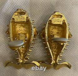 Vintage Linda Levinson Gold Plated Pearl Clip On Fish Earrings