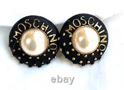 Vintage Logo Moschino Clip-on Faux Pearl Cabochon Earrings