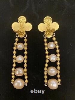Vintage Long Karl Lagerfeld Pearl Gold Plated Ornate Clip Earrings