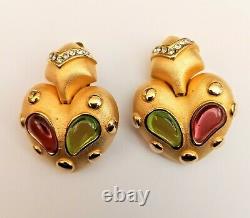 Vintage MARESCA signed earrings Matte Gold Cabochon Gripoix green red colors