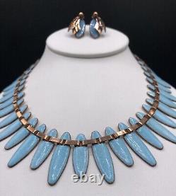 Vintage MATISSE RENOIR Copper TURQUOISE Enamel Set Necklace & Clip Earrings MCM