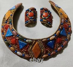 Vintage M&J Hansen Necklace & Clip Earrings Multi Gemstone Collar Brass