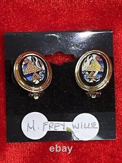 Vintage Michaela Frey Willie Earrings Oval Clip On Art Nouveau DS54