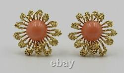 Vintage Mid Century Pink Red Coral 18K Yellow Gold Flower Pierced Clip Earrings