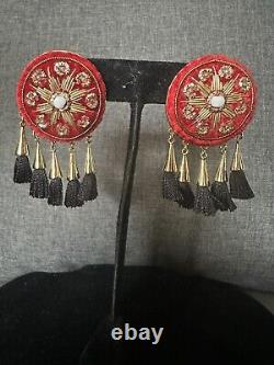 Vintage Mignonne Gavigan Earrings Red Black Dream Catchers Clip On Comfortable