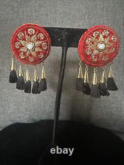 Vintage Mignonne Gavigan Earrings Red Black Dream Catchers Clip On Comfortable