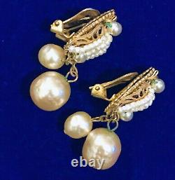 Vintage Miriam Haskell Baroque Pearl Seed Pearl Gold Tone Clip Earrings Signed