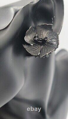 Vintage Miriam Haskell Black Hibiscus Flower Screwback Clip Earrings Signed Rare