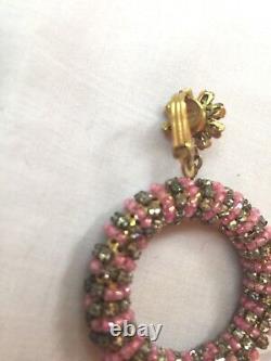 Vintage Miriam Haskell Dangle Earrings runway pink clip beaded hoops