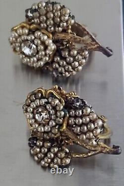 Vintage Miriam Haskell Earrings Clip On Seeded Pearl Flower