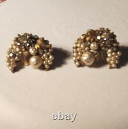Vintage Miriam Haskell Earrings Cresent Moon Pearks And Rhinestone Signed Clip